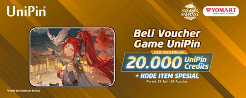 Beli Voucher UniPin di Yomart, Dapat Cashback hingga 20.000 UniPin Credits + Kode Item Spesial dari Samkok Fantasy!